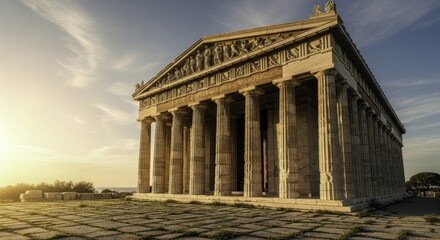 Majestic Ancient Greek Temple in Golden Hour Light, Featuring Classical Doric Architecture, Detailed Frieze, and Columns Against a Vibrant Sunrise or Sunset Sky