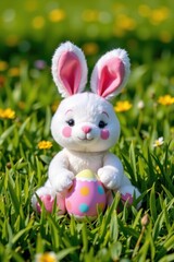 Cute plush white bunny toy with pink ears and cheeks sitting on green grass with yellow flowers holding colorful polka dot egg in outdoor sp setting