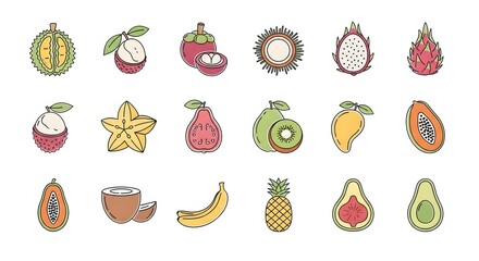 Hand drawn collection of colorful tropical and exotic fruits icons.