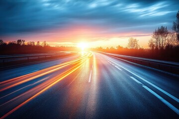 Fototapeta premium Empty highway curving through countryside at sunset with glowing light trails and dramatic sky, evoking a sense of motion and calmness