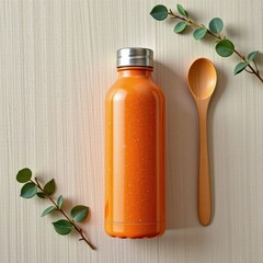 Eco-friendly reusable orange water bottle with stainless steel lid and bamboo spoon on light wooden surface with green foliage for healthy lifestyle and hydration