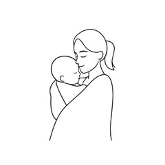 Black and white line art of a beautiful mother lovingly embracing her baby minimalist tender illustration

