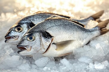Two fresh silver fish with shiny scales lying on crushed ice with soft light reflecting off the ice and fish skin