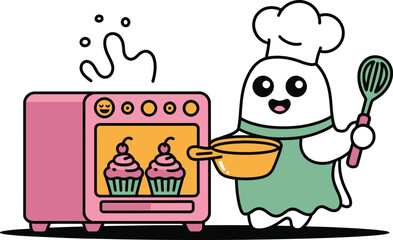 Cute ghost chef with cupcakes in oven and whisk cooking