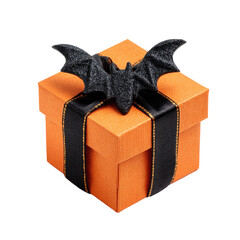 Halloween gift box with bat decoration for celebration, isolated on transparent cutout background