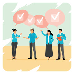 Obraz premium Team agreement concept. Business Team Discussing Ideas with Tick Speech Bubbles.