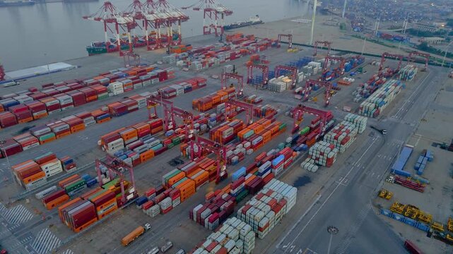 Aerial view of the cargo terminal of Tianjin Port at dusk