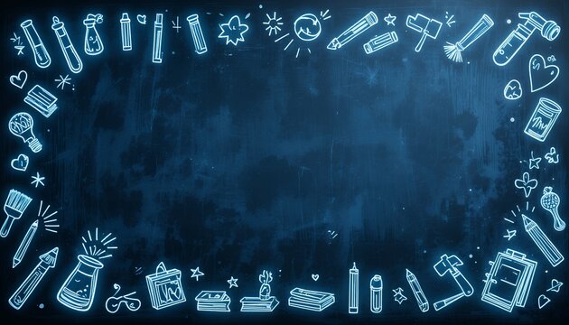 Creative science and laboratory equipment frame with glowing symbols on dark background for