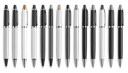 A collection of various modern ballpoint pens in black, white, and gray tones, showcasing different metallic accents.