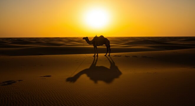 Silhueta de Camelo no Deserto ao P&ocirc;r do Sol