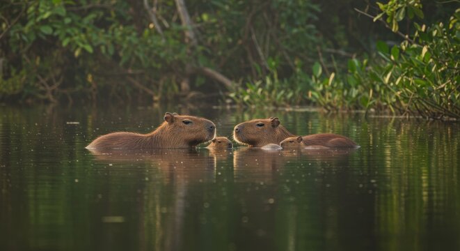 Fam&iacute;lia de Capivaras Flutuando em Rio com Reflexo de Foliagem Tropical