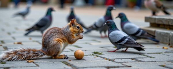Small squirrel with bushy tail standing on pavement surrounded by pigeons and birds in urban park environment du daytime