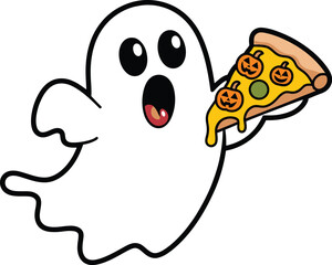 White ghost holding a slice of pizza with pumpkin faces