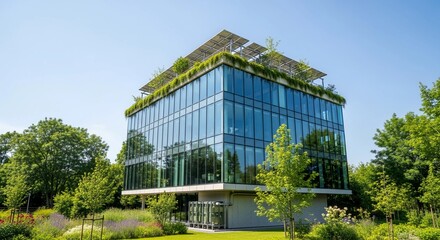 Obraz premium Sustainable modern office building with solar panels and green roof surrounded by nature