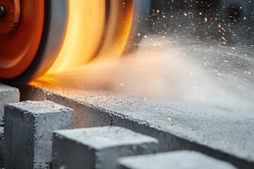 Close-up of concrete cutting with a circular saw blade creating sparks and dust in an industrial setting