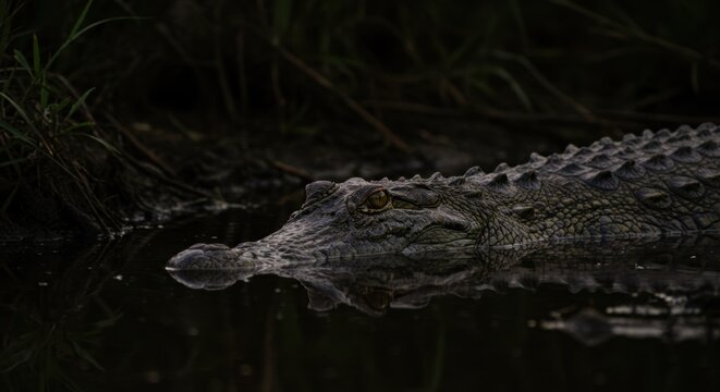 Crocodilo &agrave; espreita em p&acirc;ntano ao p&ocirc;r do sol
