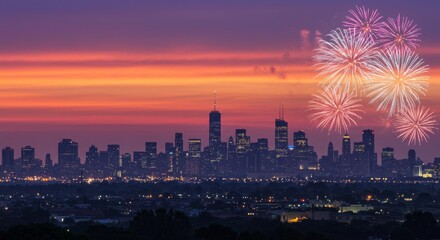 Obraz premium Diwali Fireworks USA banner background, city skyline with lights on radiant gradient 