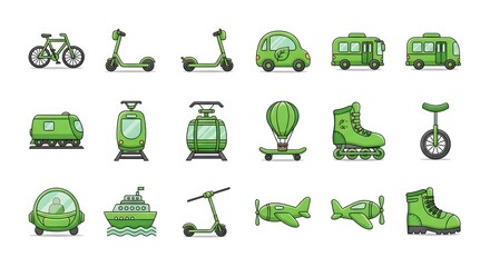 Eco-Friendly Transportation Icons: Green Vehicles and Sustainable Mobility.