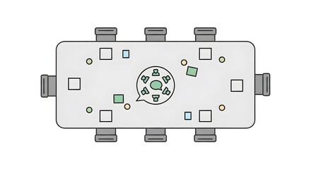 Top View of a Modern Conference Table with Technology and People Icons.