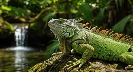 Obraz premium Green Iguana Basking on Sunlit Rock in Rainforest Stream