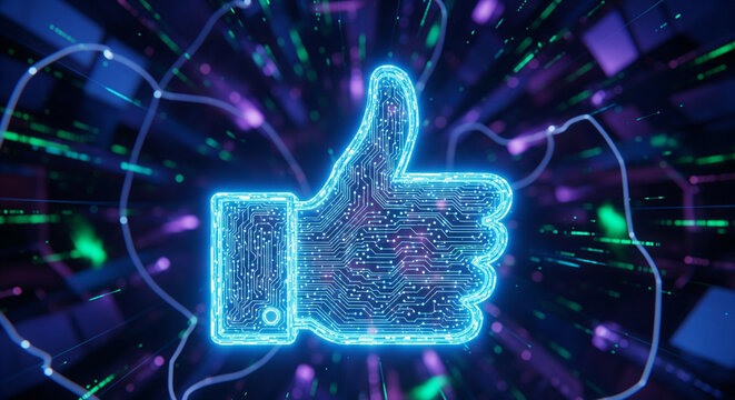 Digital Thumbs Up: Illuminated thumb's up symbol, intricately crafted with vibrant digital circuits, embodies the essence of online affirmation and connection in the digital age.