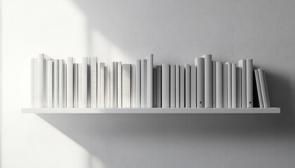Obraz premium white books arranged on a single white floating shelf against a textured white wall with soft natural light casting shadows