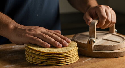 Hands Pressing Freshly Made Corn Tortillas Using A Traditional Tortilla Press In A Rustic Kitchen Environment For Authentic Culinary Experiences