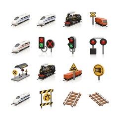 Isometric 3D icon set of trains and railway transportation elements.