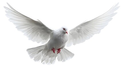 Fototapeta premium A white dove in mid-flight with wings spread wide against a white background