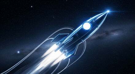 Rocket Ascending in the Cosmos: A dynamic illustration of a rocket soaring through the vast expanse of the cosmos, leaving a trail of bright energy in its wake.
