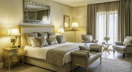 Luxurious and Elegant Bedroom Interior with Plush Bed, Gilded Furnishings, Neutral Tones, and Warm Lighting