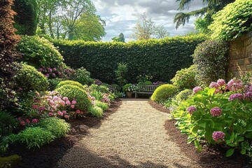 Naklejka premium Tranquil garden path lined with trimmed bushes and blooming flowers leading to a wooden bench under partially cloudy sky