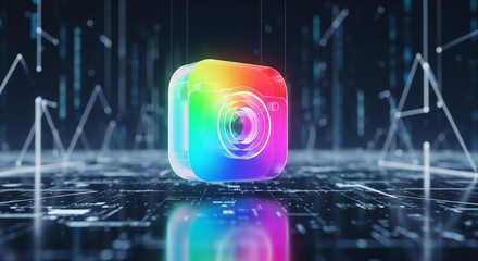 Digital Lens Brilliance: A vibrant, multi-colored lens icon sits in the middle of the digital grid, radiating modern innovation