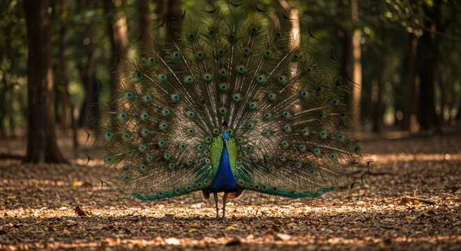 Pav&atilde;o Real Exibindo Plumagem na Floresta sob Luz do Sol