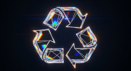 Diamond Recycling Symbol: A brilliant, gem-like recycling symbol glows against a dark background. The intricate facets of the diamonds refract light.