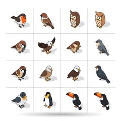 Assortment of Colorful Bird Illustrations on a White Background.