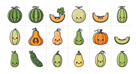 Cute Cartoon Fruit and Vegetable Variety with Kawaii Faces.