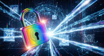 Digital Fortress: A symbolic padlock, shimmering with an array of colors, safeguards the vibrant tapestry of interconnected data and digital pathways.