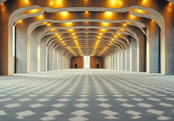 Obraz premium Spacious modern interior with curved concrete arches and warm ceiling lights reflecting a patterned floor under natural light from a large window