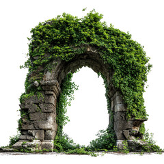 Obraz premium Ancient stone arch overgrown with lush green ivy in nature, isolated on transparent cutout background