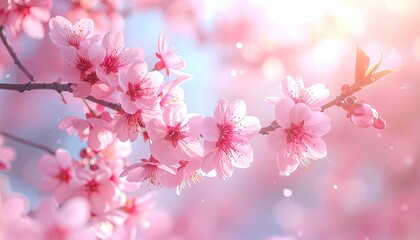 Obraz premium Pink Cherry Blossoms on Branch with Light Bokeh Background Floral Springtime Macro Soft Focus Beauty in Nature Delicate Petals