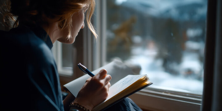 Person writing in notebook near window with snowy mountain view, capturing thoughtful and peaceful moment indoors