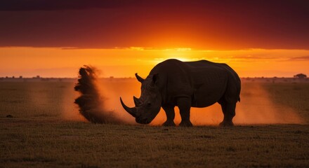 Silhueta de Rinoceronte Pastando ao Pôr do Sol na Savana Dourada