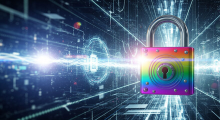 Cybersecurity with Colorful Integrity: A vividly colored padlock, symbolizing security and inclusivity, is set against a digital network backdrop.