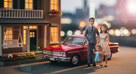 Dreamy Family Portrait: A miniature family stands in front of a charming house with warm lights and a classic red car, evoking a sense of idyllic life and familial happiness.