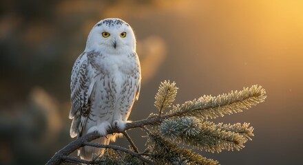 Snow Owl on Frosty Pine Branch at Golden Dawn