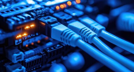 Close-up view of connected blue ethernet cables plugged into a network switch with glowing status lights in a technology setup