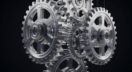 Precision Mechanics: Intricate metallic gears interlock, symbolizing collaboration and mechanical precision against a darkened backdrop.