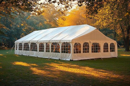 Large white party tent with arched windows set up on green grass surrounded by trees with golden autumn leaves in warm sunlight