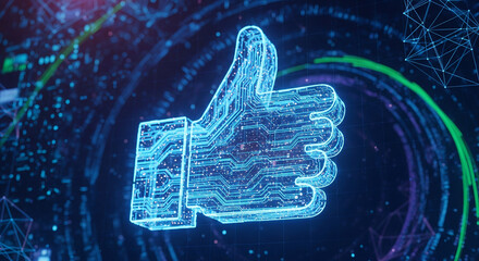 Digital Approval: A vivid image of a thumb-up symbol constructed from interconnected digital circuits, illustrating the essence of approval in the digital sphere.